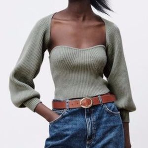 Zara Cropped Knit Top and Knit Arm Warmer Sweater Set in Green Size Medium